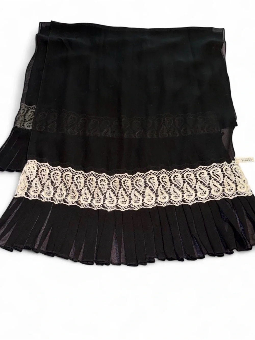 Y2K Black Scarf with Cream Lace Trim - Women's Accessory